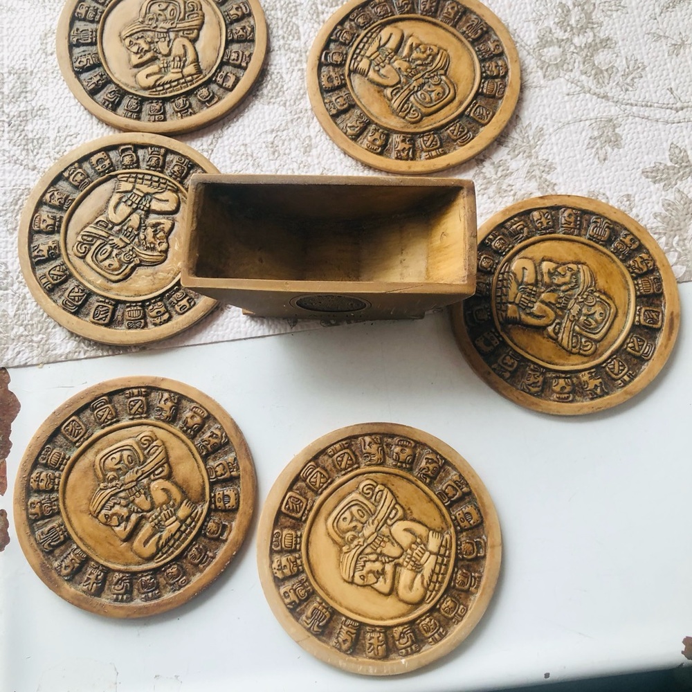 Carved Mayan Motif Coaster Set with Matching Tray - Golden Brown